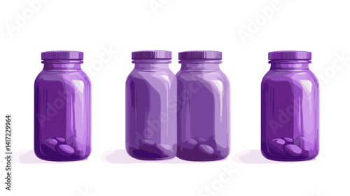 Three Purple Glass Jars Filled with Pills on White Background