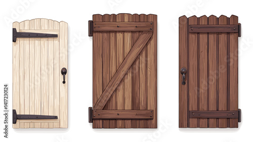 Three Rustic Wooden Door Styles: Beige, Brown, and Dark Wood