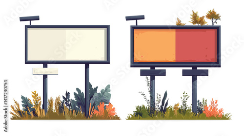 Two Blank Billboards with Plants in Pixel Art Style