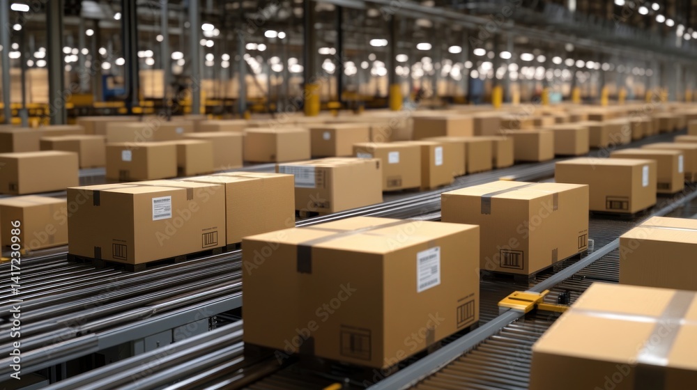 Endless Stream of Cardboard Boxes on a Conveyor Belt in a Large Warehouse Endless Stream of Cardboard Boxes on a Conveyor Belt in a Large Warehouse