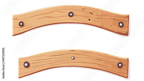 Two Curved Light Brown Wooden Pieces with Metal Fasteners on White Background