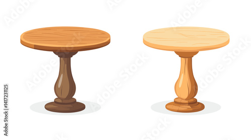 Two Wooden Pedestal Tables: Brown and Beige Round Tables on White Background