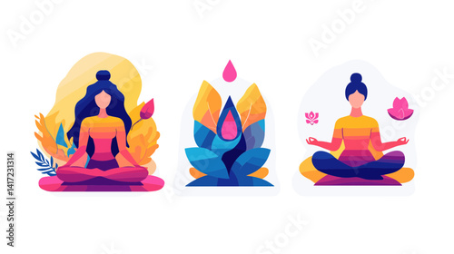 Woman Meditating in Colorful Pixel Art Yoga Poses
