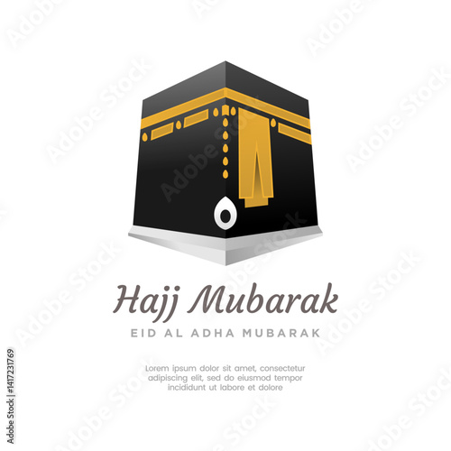 Hajj Mubarak and Eid al-Adha celebration featuring the Ka'bah with a white background and ornamental accents. A serene and spiritual illustration symbolizing the pilgrimage and sacrifice.