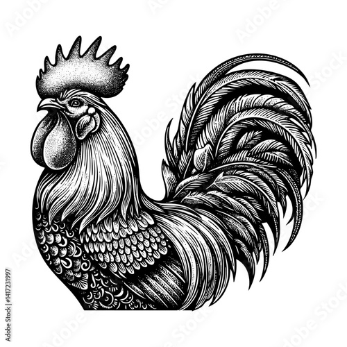 Rooster sketch engraving black and white outline. Scratch board imitation.  illustrated in vintage line art style on a white background.