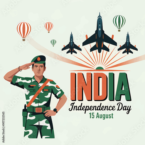 Celebrate india independence day with soldier jets and balloons august patriotic holiday
