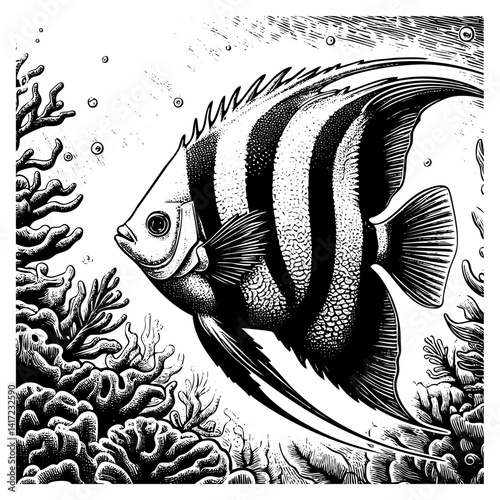 Angelfish sketch engraving black and white outline. Scratch board imitation.  illustrated in vintage line art style on a white background.
