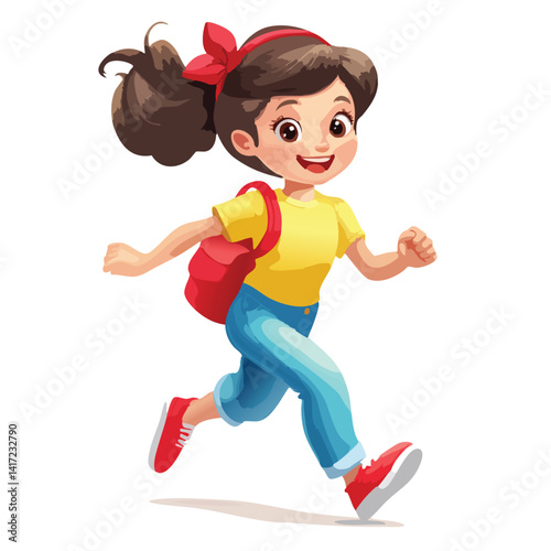 A cheerful girl with a red bow sprints, wearing a backpack and a sunny yellow shirt.