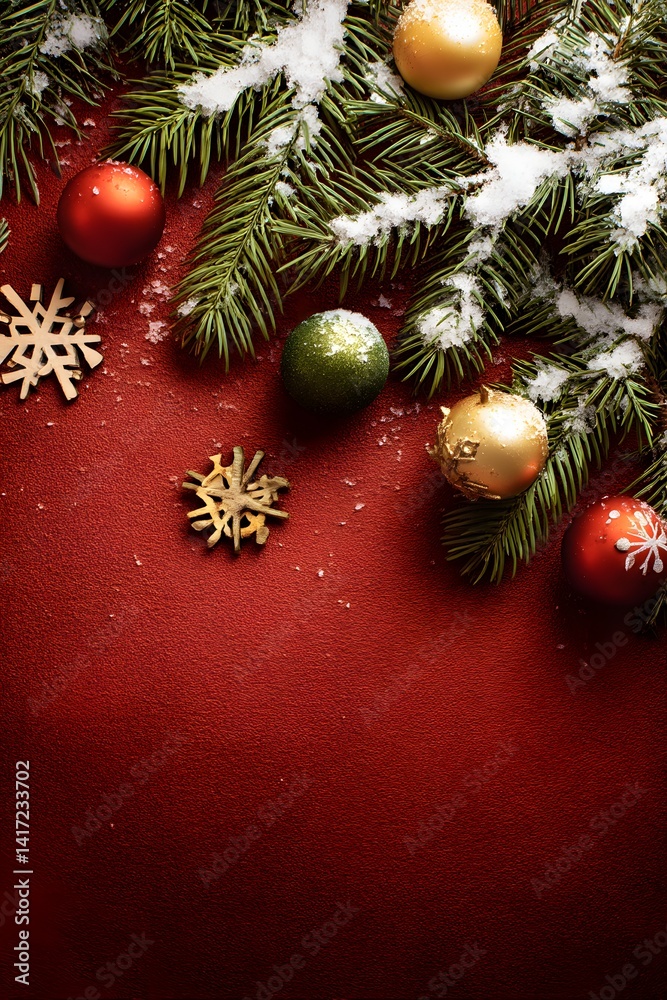 A festive Christmas scene with evergreen boughs are adorned with glittering ornaments, creating a perfect seasonal still-life display for the holidays. A festive Christmas scene with evergreen boughs are adorned with glittering ornaments, creating a perfect seasonal still-life display for the holidays.
