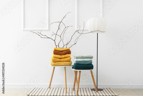 Stools with stacks of clean...