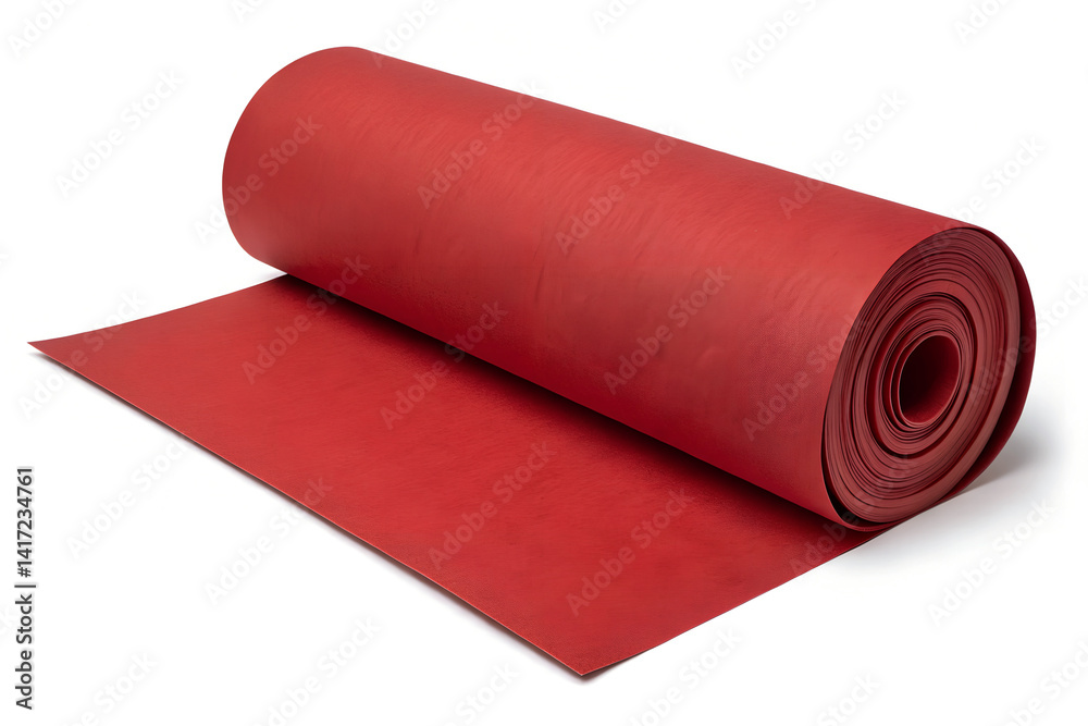Obraz premium A roll of red rubber material partially unrolled showing the texture and the rolled section on white