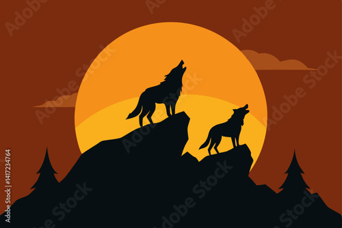 wolf howling at sunset