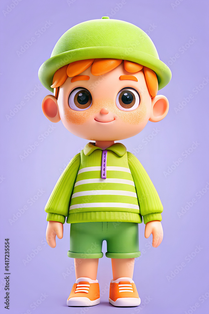 Cute 3D Cartoon Boy in Green Outfit on Purple Background Cute 3D Cartoon Boy in Green Outfit on Purple Background