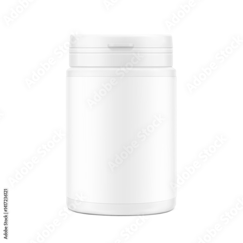 White plastic bottle container with snap-hinge cap. Vector illustration isolated on white background. Front view. Mockup perfect show your product with tamper evident push-on hinged cap. EPS10.