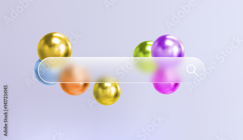 Glass search bar transparent web button. Website ui page frame design. Vector sign element design. Find form empty blur shape. Glossy interface concept. 3d colorful gradient geometric shapes.