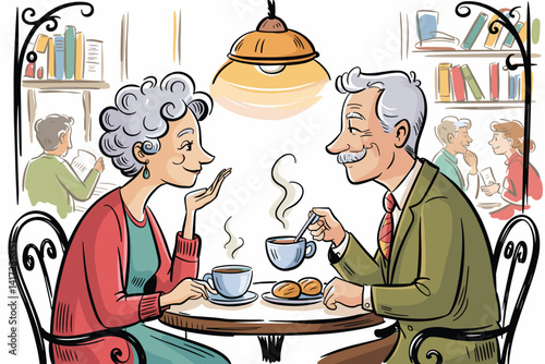 Beautiful hand drawn whimsical style older couple spending time in cafe