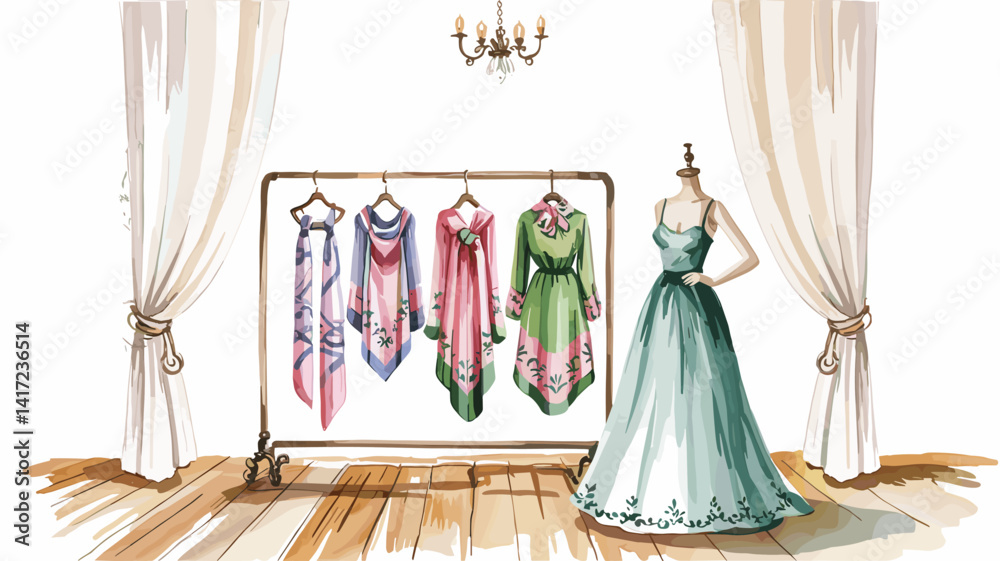 fashion shop interior, watercolor illustration