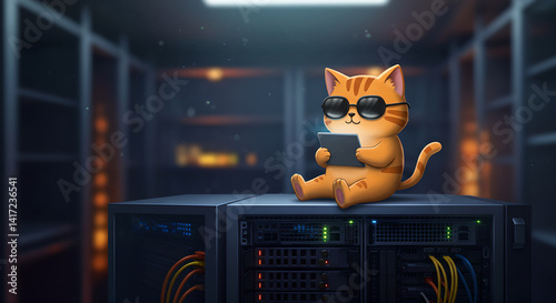 Cartoon orange striped cat uses tablet on server. Futuristic data center with cat in sunglasses. Concept of digital medicine, server maintenance and technology of future.