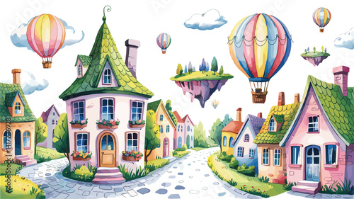 A whimsical hand-drawn watercolor illustration depicting a charming cobblestone street lined with pastel colored magical houses