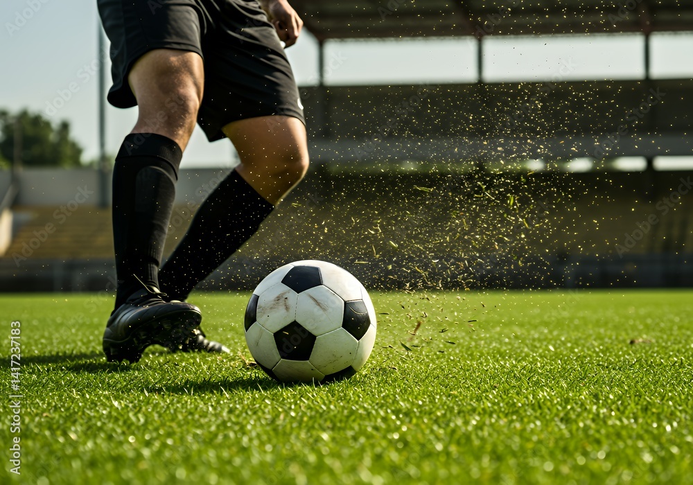 Fototapeta premium Soccer player kicking ball on field football game action shot sports photography professional athlete training