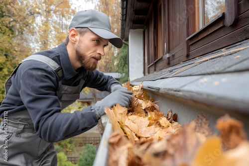 A handyman meticulously cleans clogged rain gutter overflowing with autumn leaves, ensuring proper water drainage.