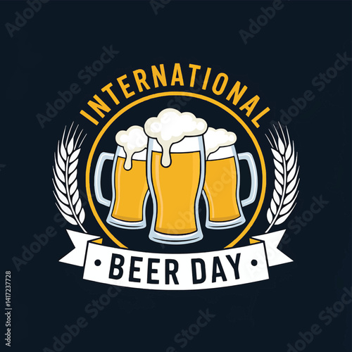 International beer day celebration with beer mugs and wheat stalks vector illustration