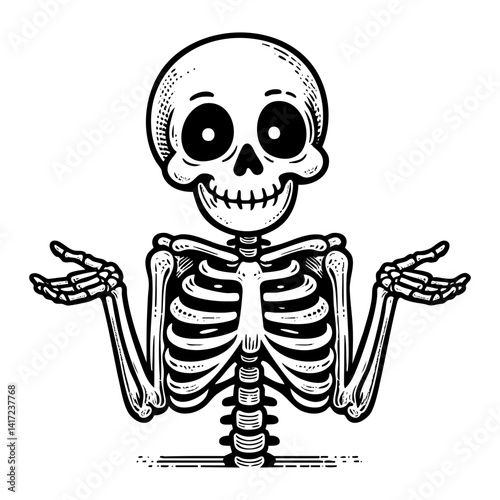 Skeleton shrug sketch engraving black and white outline. Scratch board imitation.  illustrated in vintage line art style on a white background.