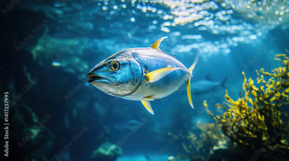 Naklejka premium fish swims gracefully in vibrant underwater scene, surrounded by coral and illuminated by sunlight