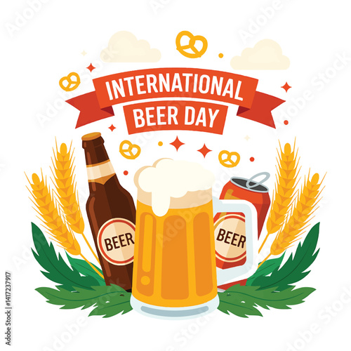Celebrate international beer day with beer bottle, mug, can, pretzels and wheat vector art