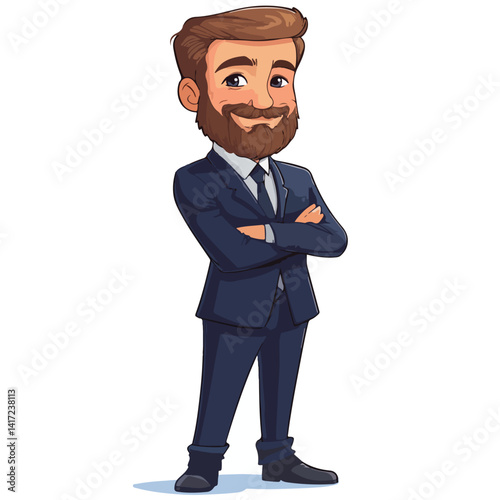Confident businessman in a suit, arms crossed, perfect for illustrating professionalism and success.