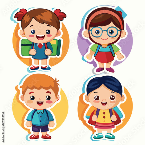 Four cartoon children ready for school
