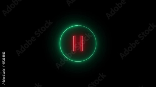 neon glowing video Pause button icon with green circle animation. pause button in circle, video pause or play button sign with black background.