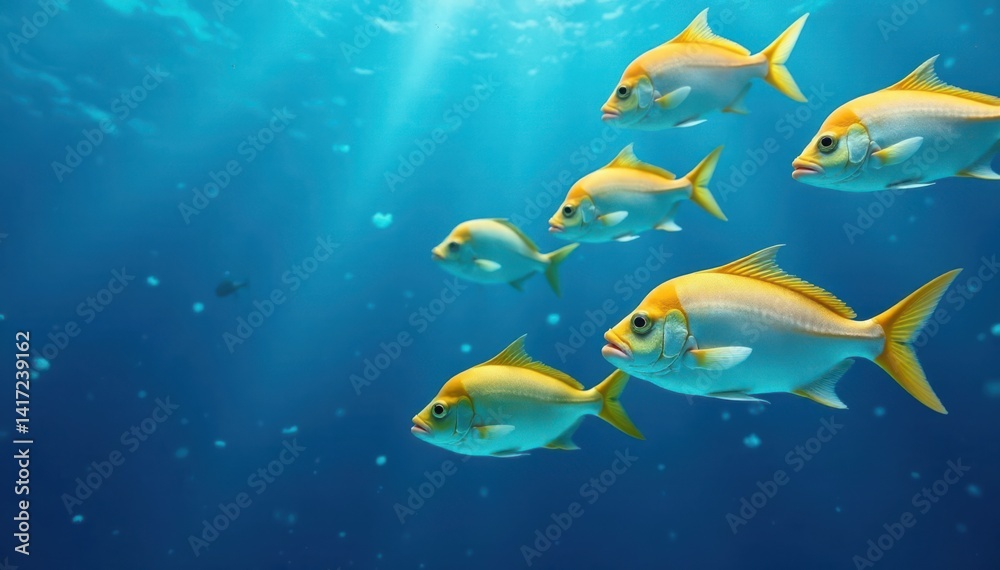 Naklejka premium A school of fish swimming in harmony against a bright blue background, underwater, sea life