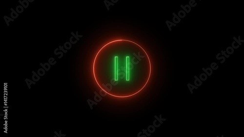 neon glowing video Pause button icon with red circle animation. pause button in circle, video pause or play button sign with black background.