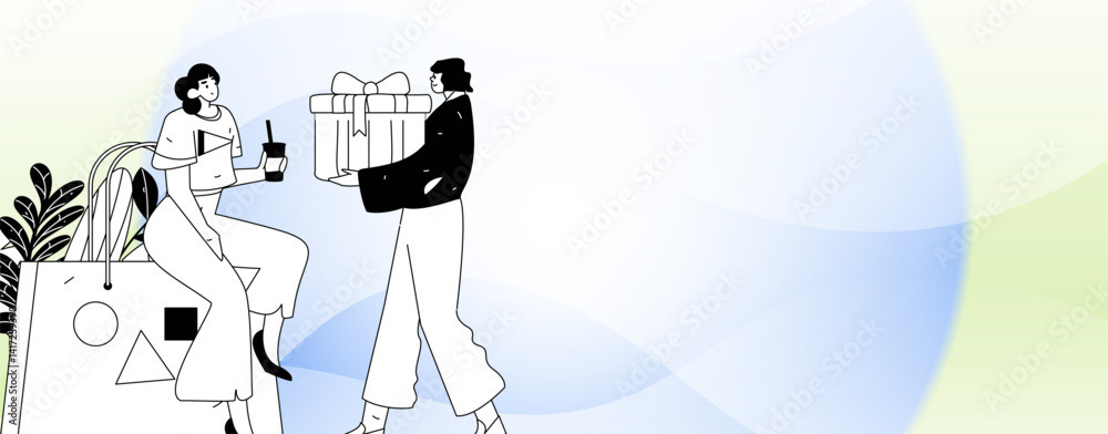 Obraz premium Holiday shopping people doing e-commerce online shopping flat vector concept operation hand drawn illustration 