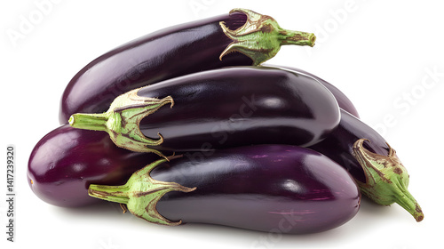 Fresh five eggplants isolated on white background for culinary design projects