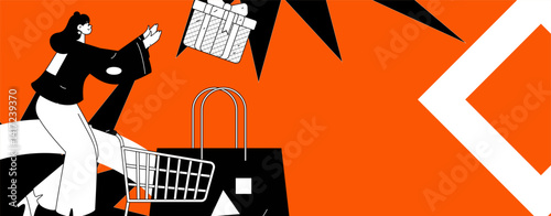 Holiday shopping people doing e-commerce online shopping flat vector concept operation hand drawn illustration
