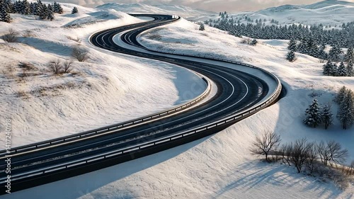 Serpentine asphalt pathway threading through snow-laden scenery, crisp winter landscape