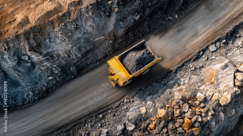 Truck Hauling Material on a Dirt Road in an Open Pit Mine
