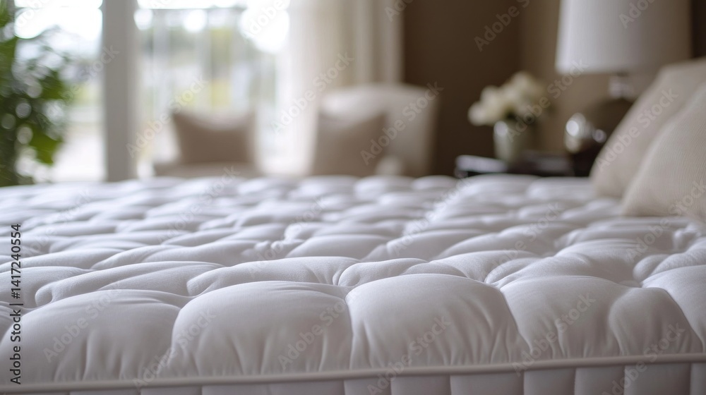 Fototapeta premium Close-up of a white mattress, comfortable and soft, in a bedroom with a blurred background of a living room area.