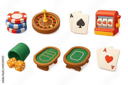 3d casino game icons set: chips, cards, roulette, slot machine, dice, tables