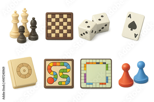 3d board games icon set: chess, cards, dice, and more
