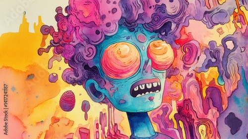 Vibrant, surreal character with a frenetic expression