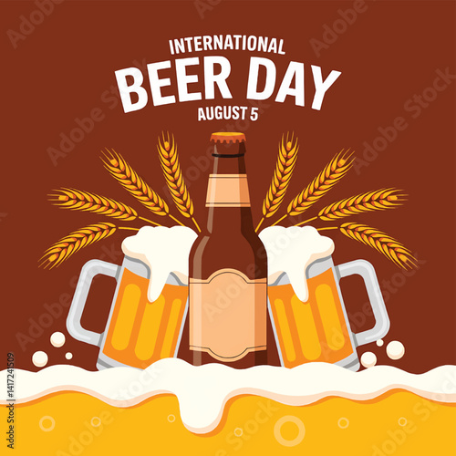 Celebrate international beer day with beer mugs and bottle vector illustration design