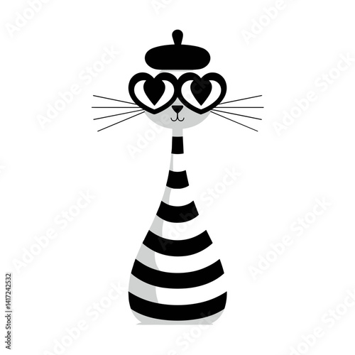 A stylized black‑and‑white vector illustration of a sleek cat wearing a French beret and heart‑shaped sunglasses patterned with the French flag