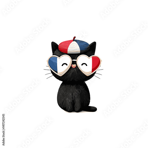 A stylized black‑and‑white vector illustration of a sleek cat wearing a French beret and heart‑shaped sunglasses patterned with the French flag