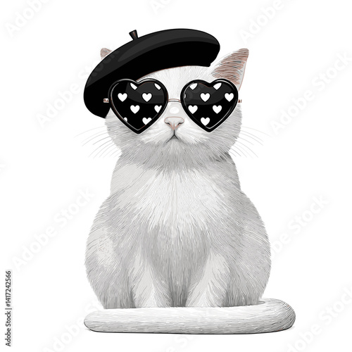 A stylized black‑and‑white vector illustration of a sleek cat wearing a French beret and heart‑shaped sunglasses patterned with the French flag