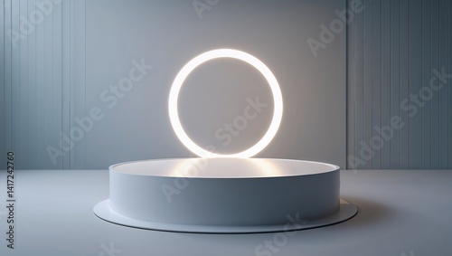 a minimalist and modern style with a focus on geometric shapes and clean lines. The layout is simple, showcasing a white circular platform in the center, which appears to be a pedestal or display stan