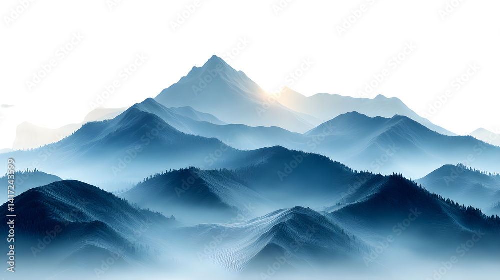 layered mountain range in soft lighting, high-definition, realistic look, isolated on white background layered mountain range in soft lighting, high-definition, realistic look, isolated on white background