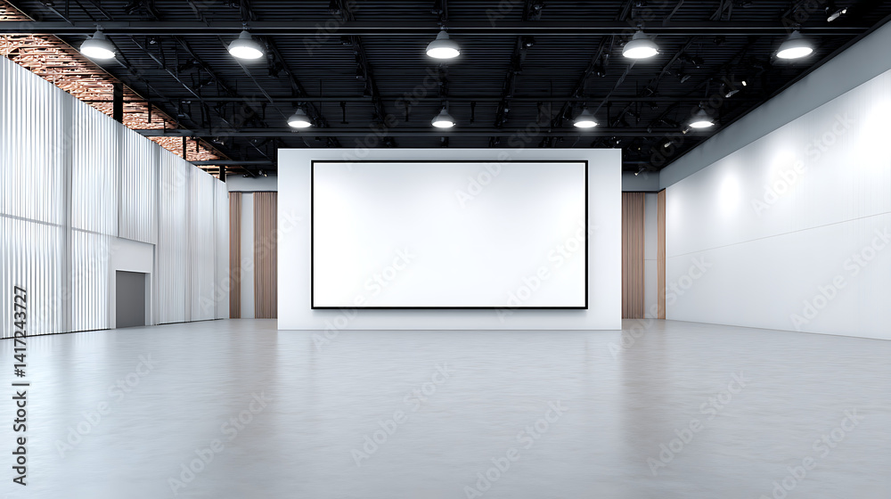 Empty modern exhibition hall with large blank screen clean floor bright lighting and symmetrical interior design symbolizing business event conference or presentation setup 10042025Shitax Empty modern exhibition hall with large blank screen clean floor bright lighting and symmetrical interior design symbolizing business event conference or presentation setup 10042025Shitax